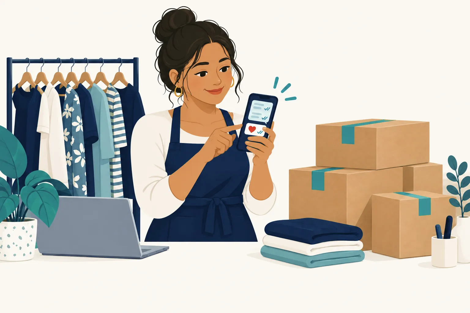 La dueña de la tienda sonríe mientras mira mensajes entregados y leídos en su celular, junto a pedidos listos para enviar