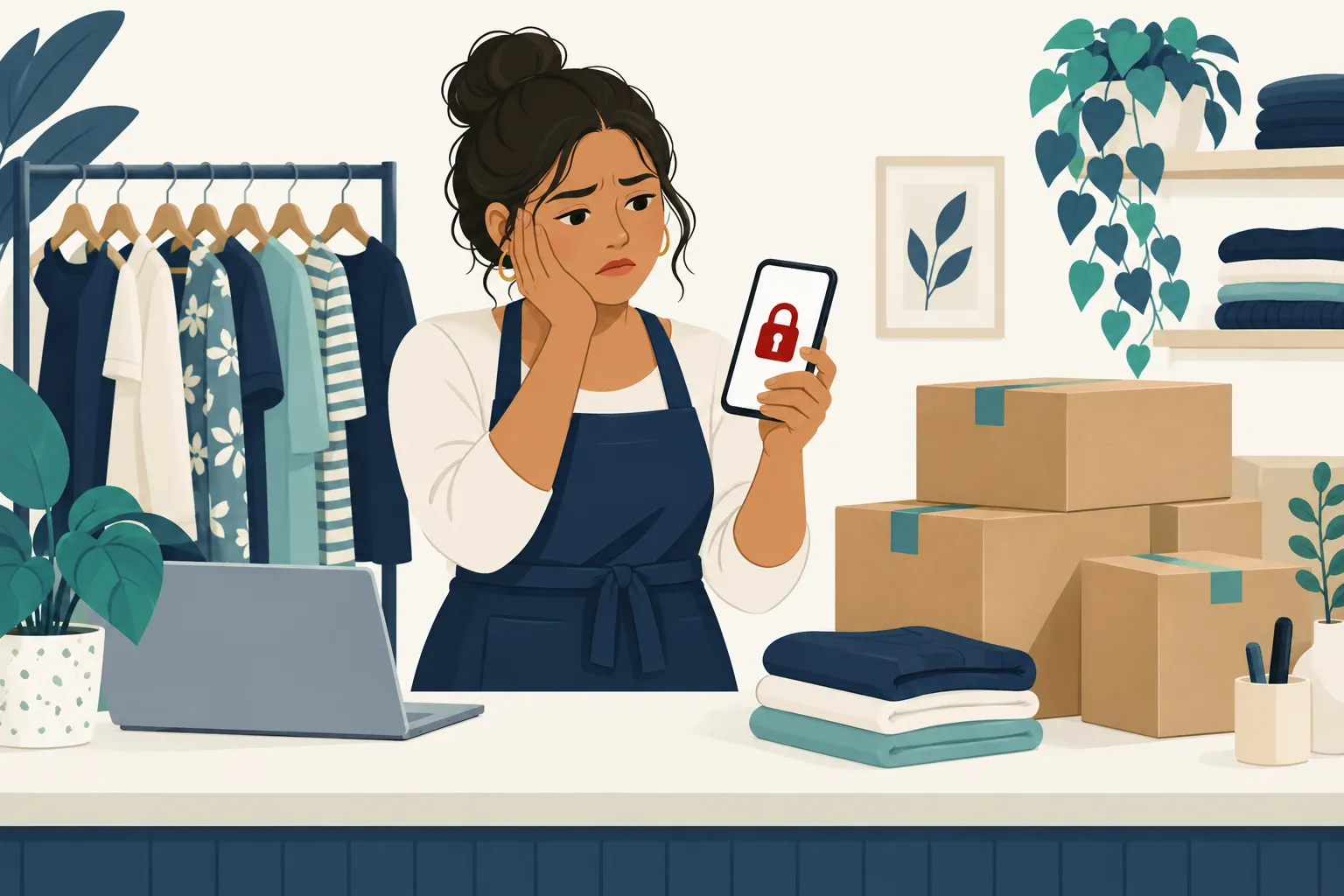 Dueña de una tienda de ropa mira preocupada su celular bloqueado, con pedidos sin enviar sobre el mostrador